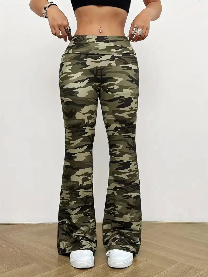 Women's High Waist Camouflage Polyester Flared Pants for Casual Activewear Outfits