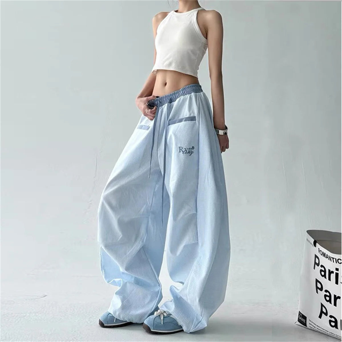 Women's Wide Leg Cargo Pants with Contrast Stripes and Drawstring Waist