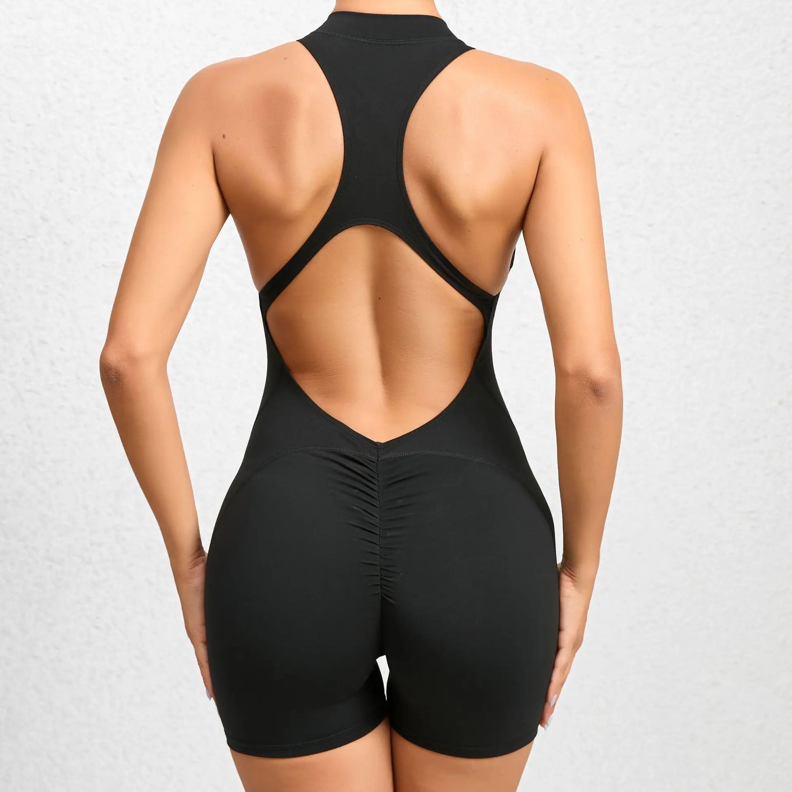 Women's Halter Neck Nylon Blend Workout Romper with Front Zipper and Racerback