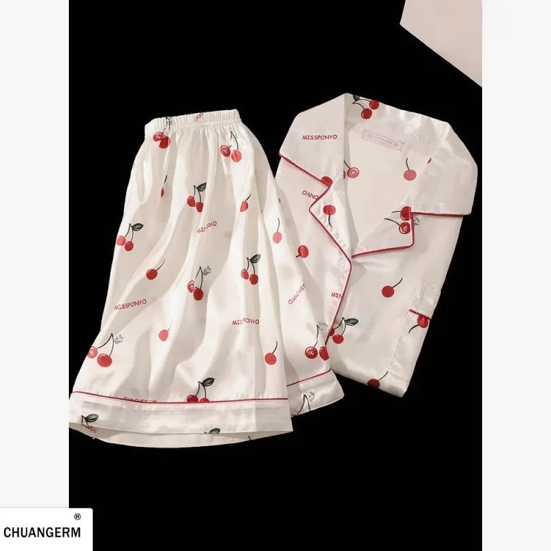 Women's Cherry Print Button Front Pajama Set with Top and Shorts