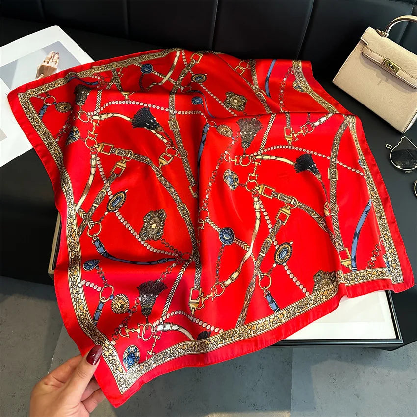 Chain Print Square Scarf with Decorative Border Designs