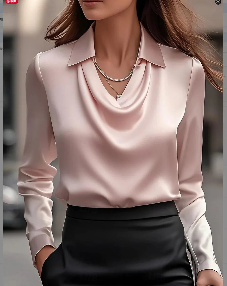 Women's Satin Look Cowl Neck Long Sleeve Blouse