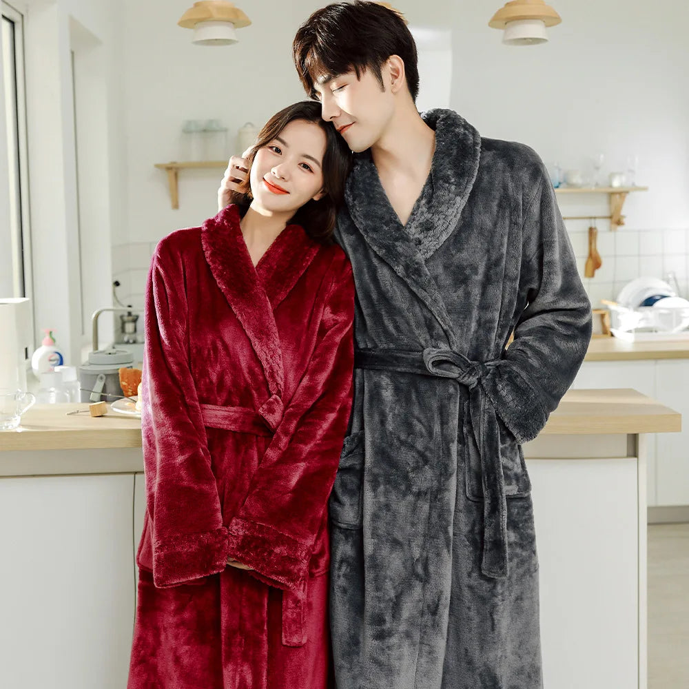 Fleece Lapel Collar Long Sleeve Tie Waist Homewear Bathrobe
