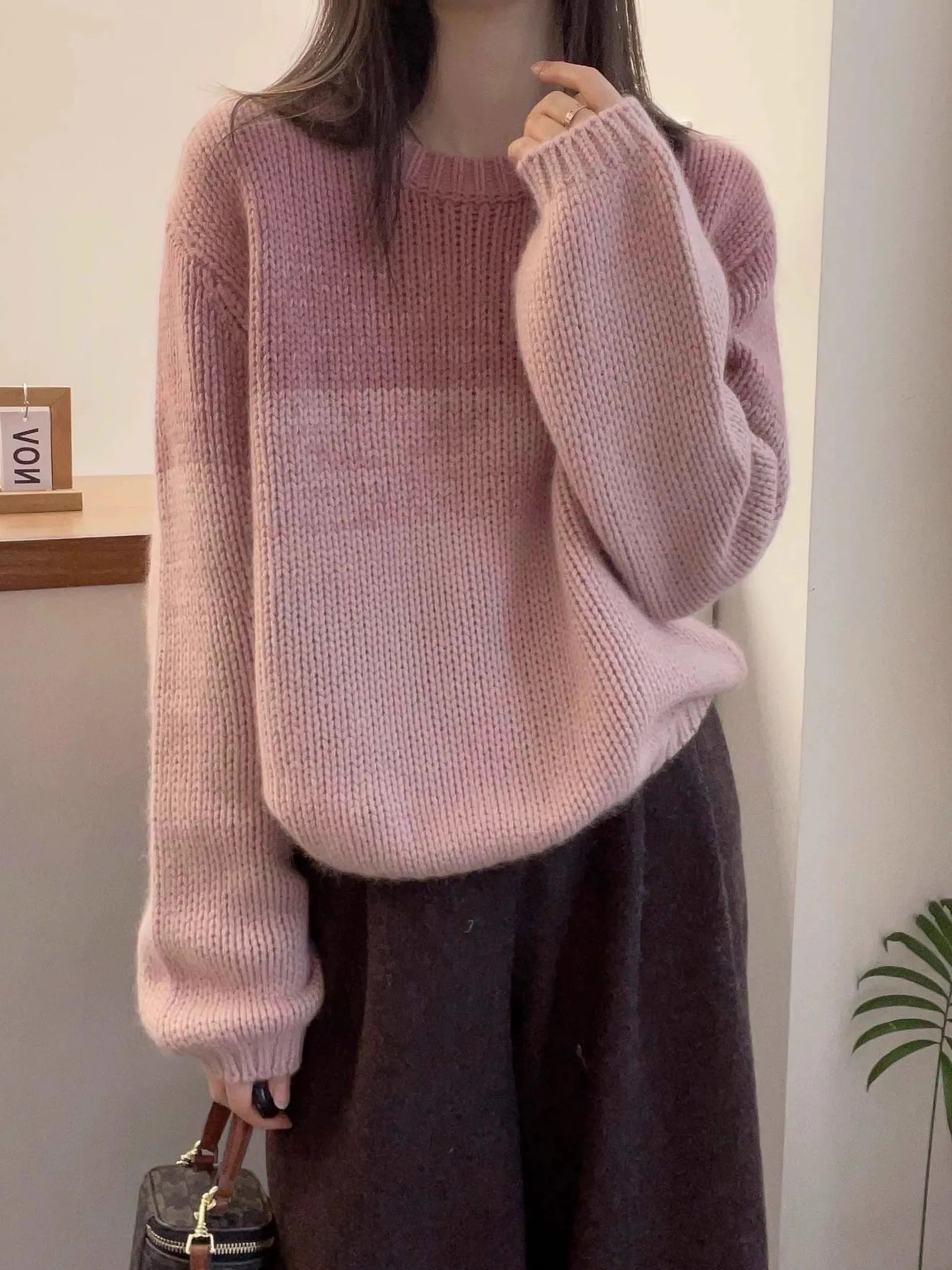 Crew-neck matching striped cashmere sweater women's long-sleeved autumn/winter loose wool base sweater