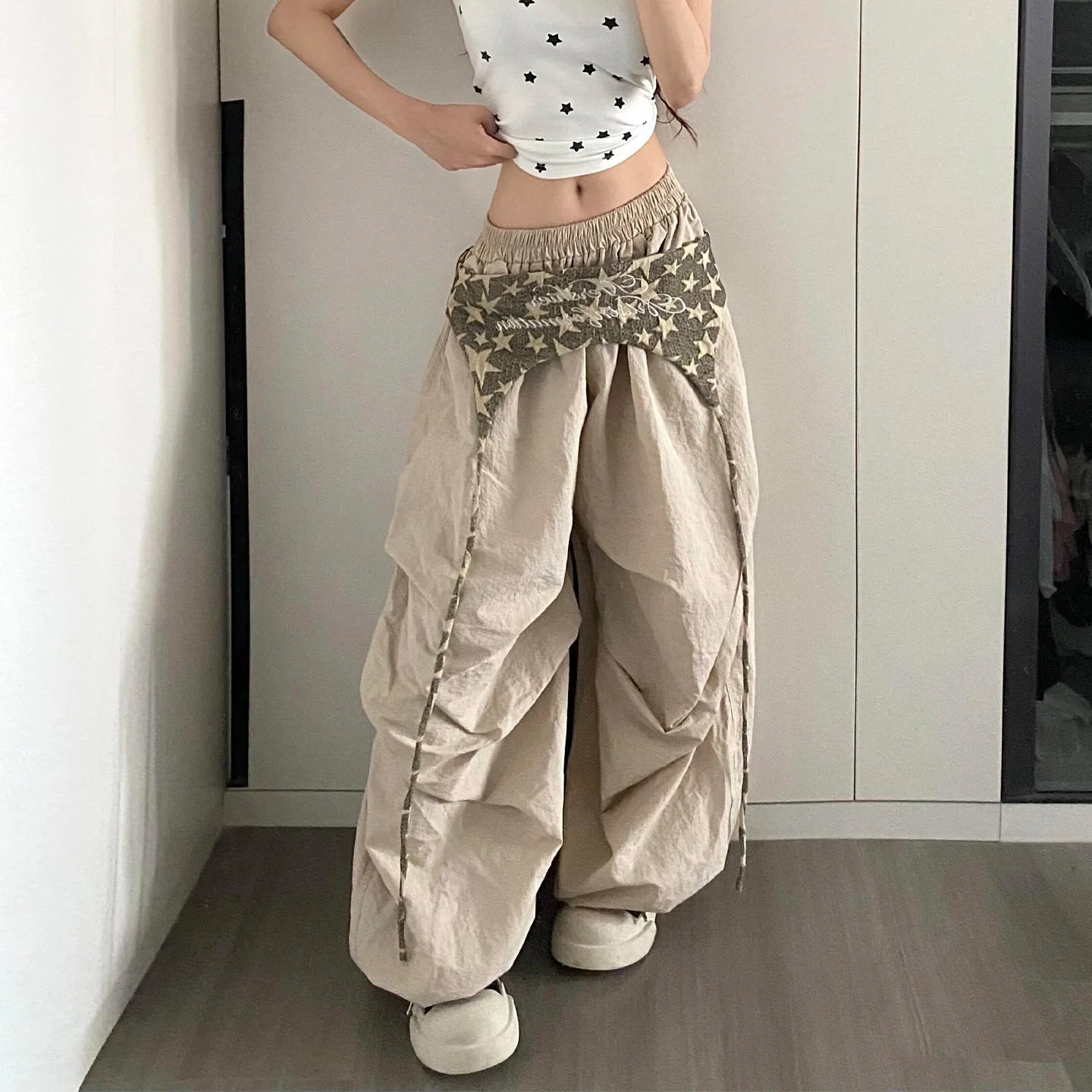 Women's Wide Leg Pants with Layered Waist and Embroidered Details