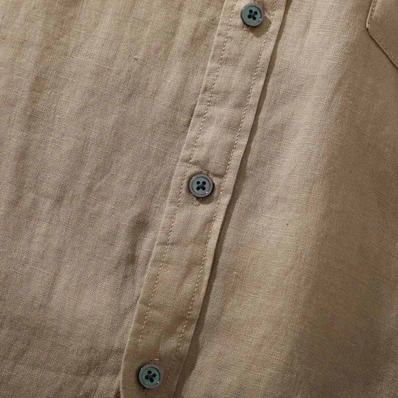 Men's Linen Long-Sleeve Collared Button-Up Shirt with Chest Pocket for Casual Outfits