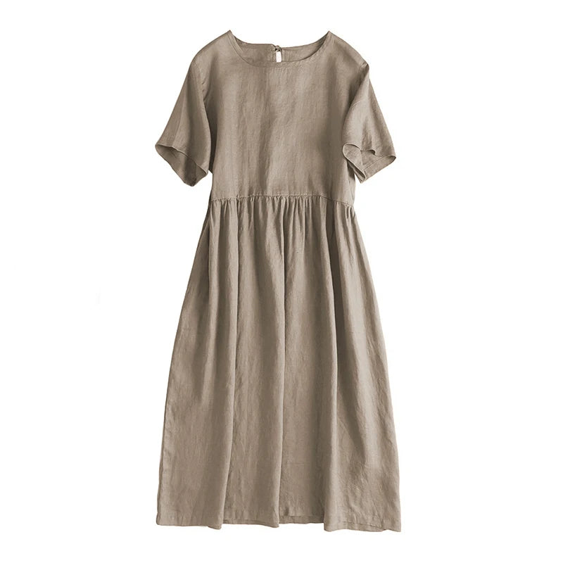 Women's Cotton-Linen Round-Neck Short-Sleeve Loose A-Line Midi Dress with Pockets for Summer