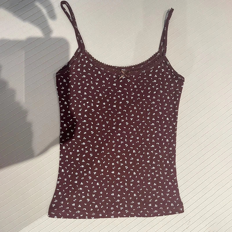 Women's Lace Trim Cotton Camisole with Bow Detail and Multiple Pattern Options