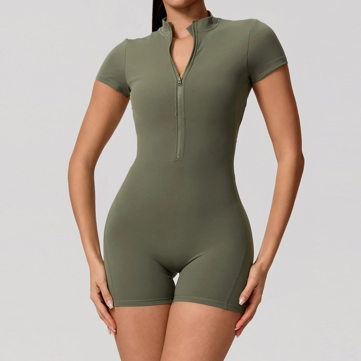 Women's Short Sleeve Nylon Blend Workout Romper with Zipper and Back Cutout