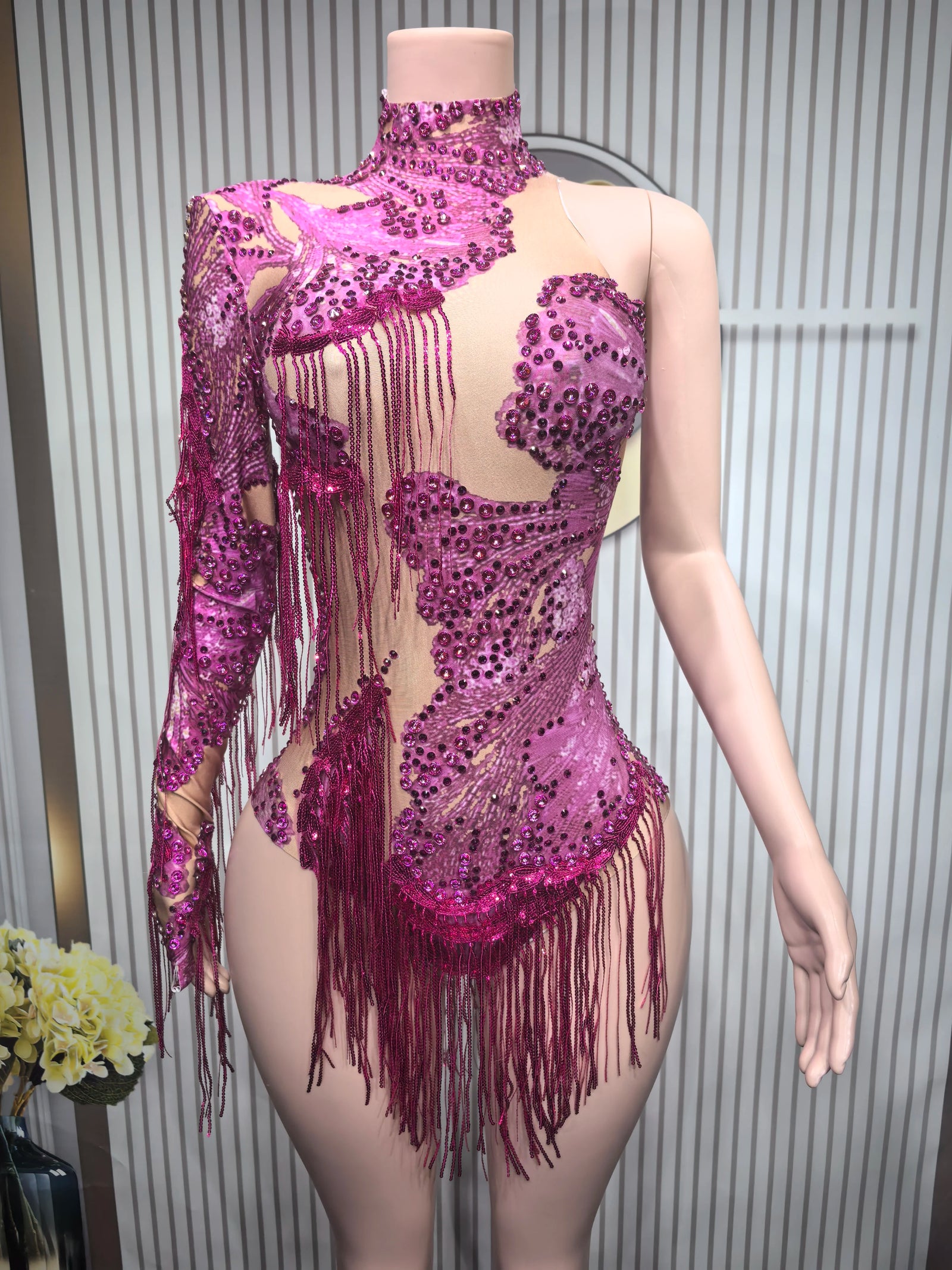 Women's Asymmetric Rhinestone Fringe Dance Bodysuit for Stage Performance Outfits