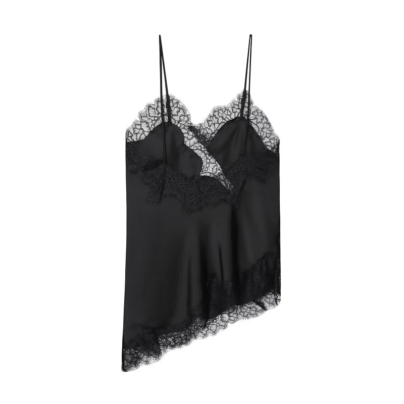 Women's Asymmetric Lace Trim Satin Camisole with Thin Shoulder Straps