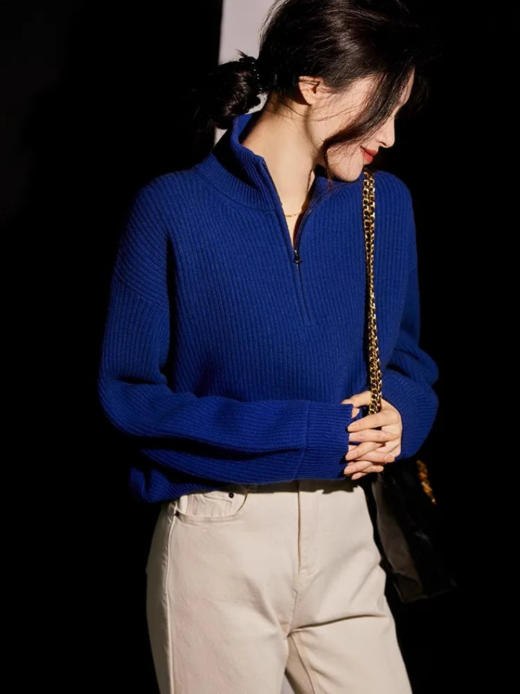 100% pure cashmere sweater women's half zip stand collar thick loose lapel pullover sweater