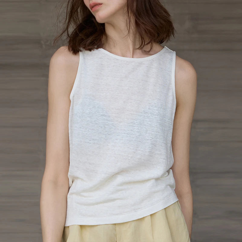 Women's Linen Sleeveless Round-Neck Tank Top for Casual Summer Daily Wear Outfits