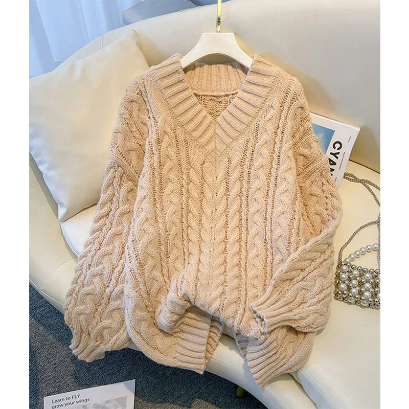 Women's V Neck Cable Knit Sweater Casual Knit Layer