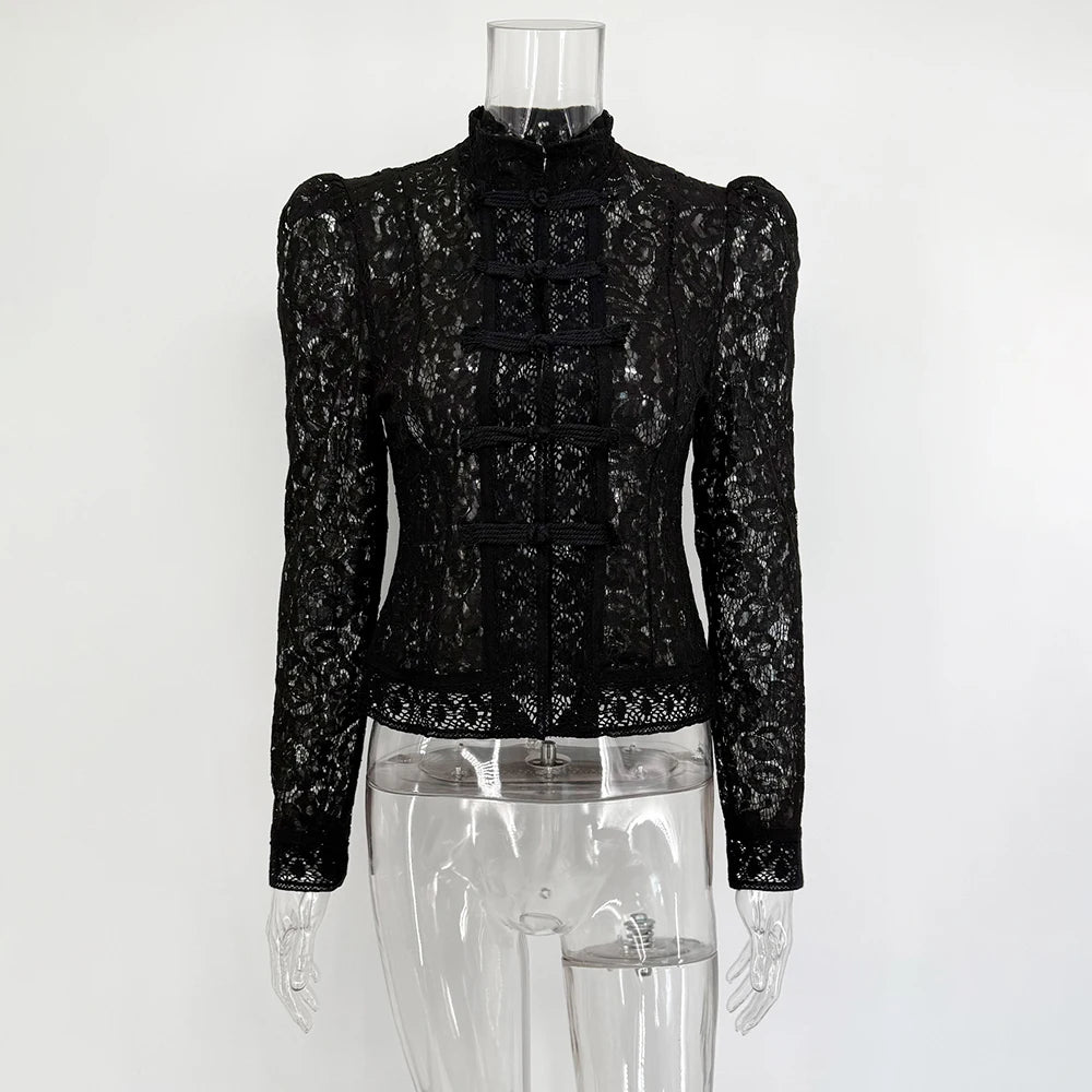 Women's Lace Stand Collar Long Sleeve Button Front Blouse