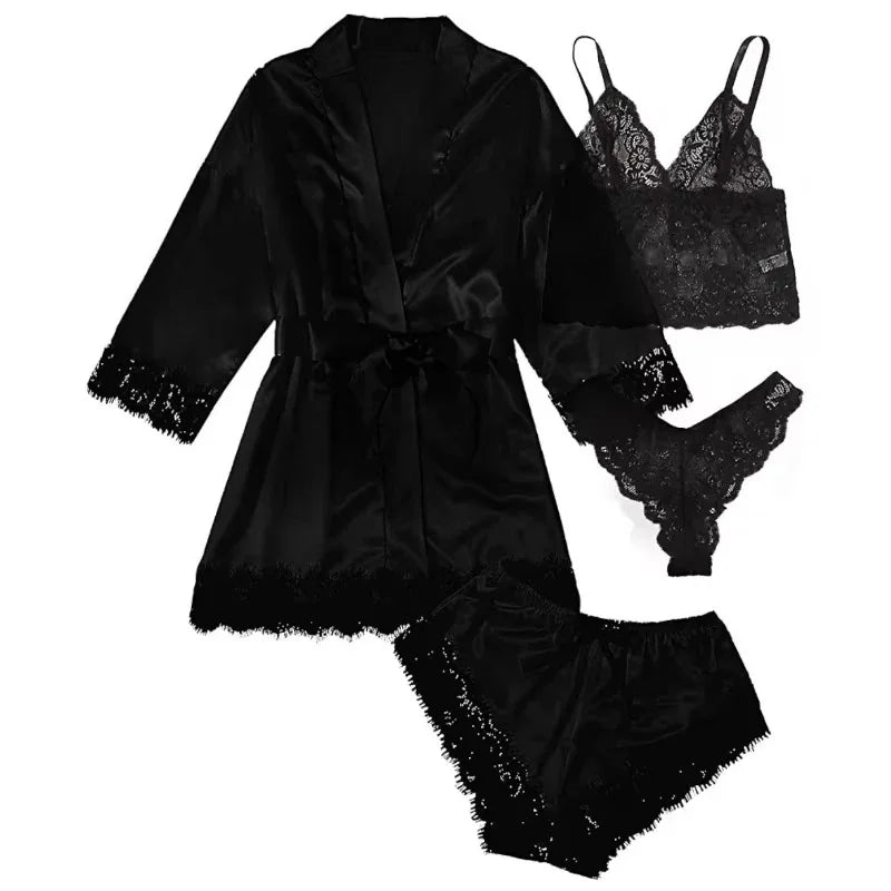 Women's Lace Trim Four Piece Pajama Set with Robe and Shorts