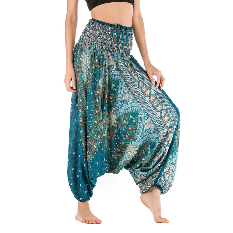 Women's Printed Rayon Harem Pants with Elastic Waist and Convertible Styling
