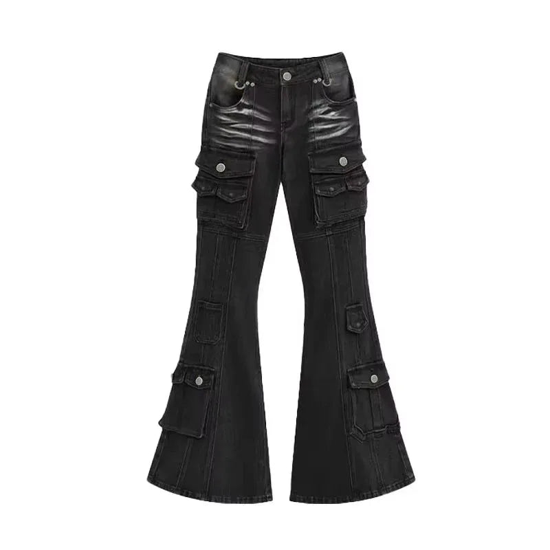Women's Low Rise Flared Cargo Pants with Washed Look
