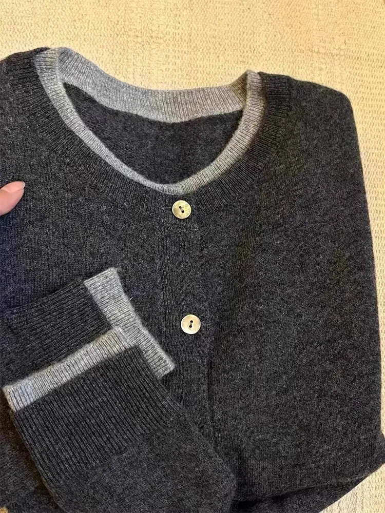 Fake two 100% pure cashmere sweater cardigan dark grey high-grade wool knit coat top