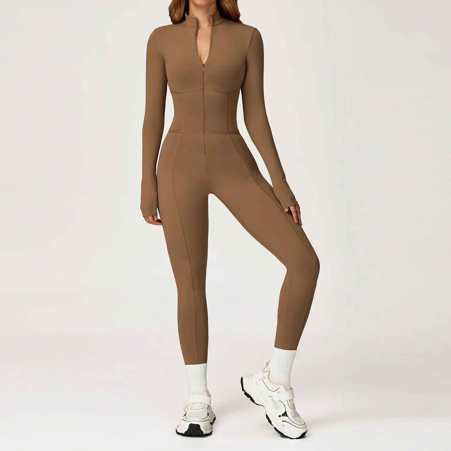 Women's Long Sleeve Nylon Blend Workout Jumpsuit with Collar and Front Zipper