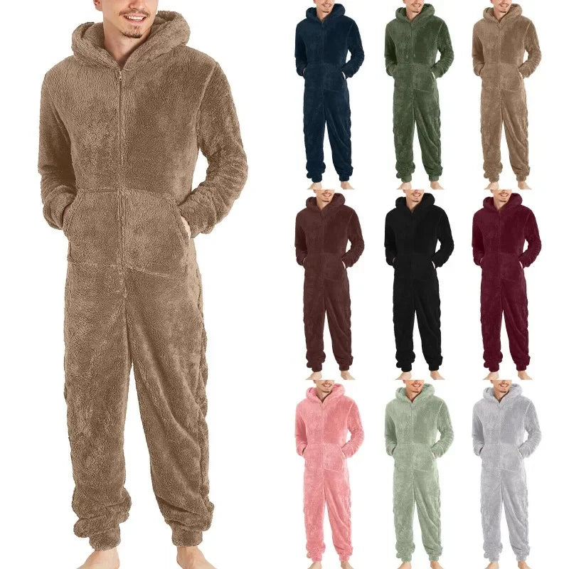 Men's Hooded Zip Front Long Sleeve Plush Pajama Jumpsuit