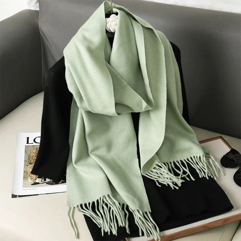 Solid Long Rectangular Scarf with Decorative Fringe Trim
