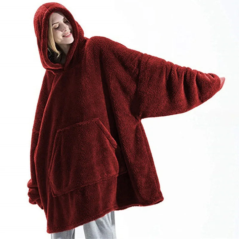 Oversized Fleece Blanket Hoodie with Long Sleeves and Front Pocket