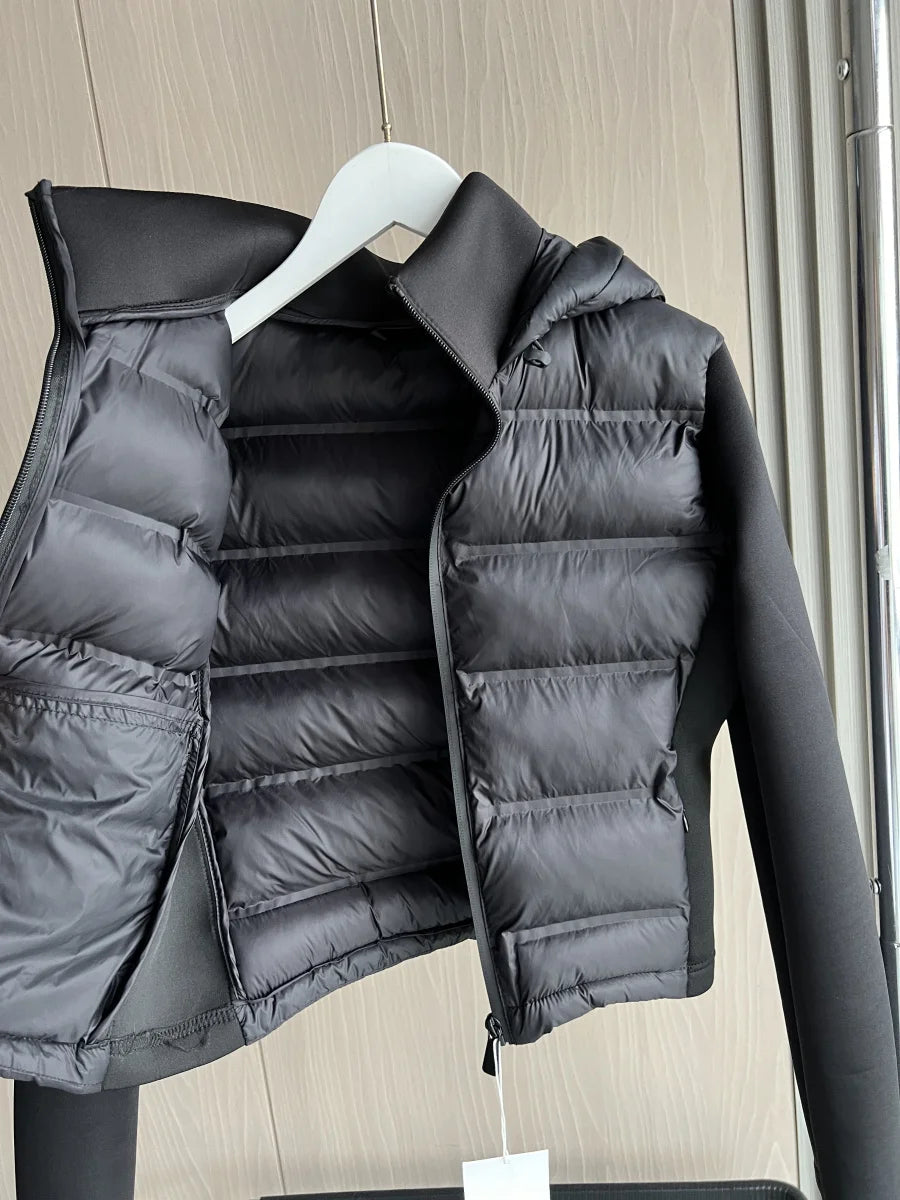 Women's Hooded Quilted Front Knit Sleeve Jacket for Layered Outfits