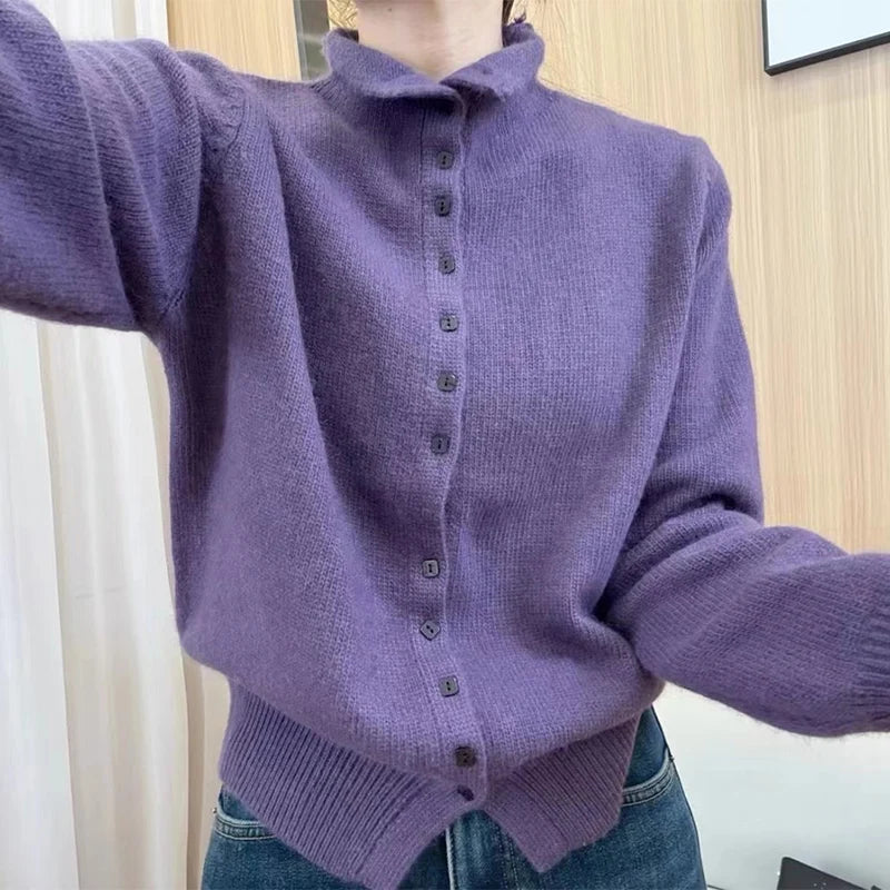 Women's Stand Collar Button Front Cardigan Casual Knit Layer