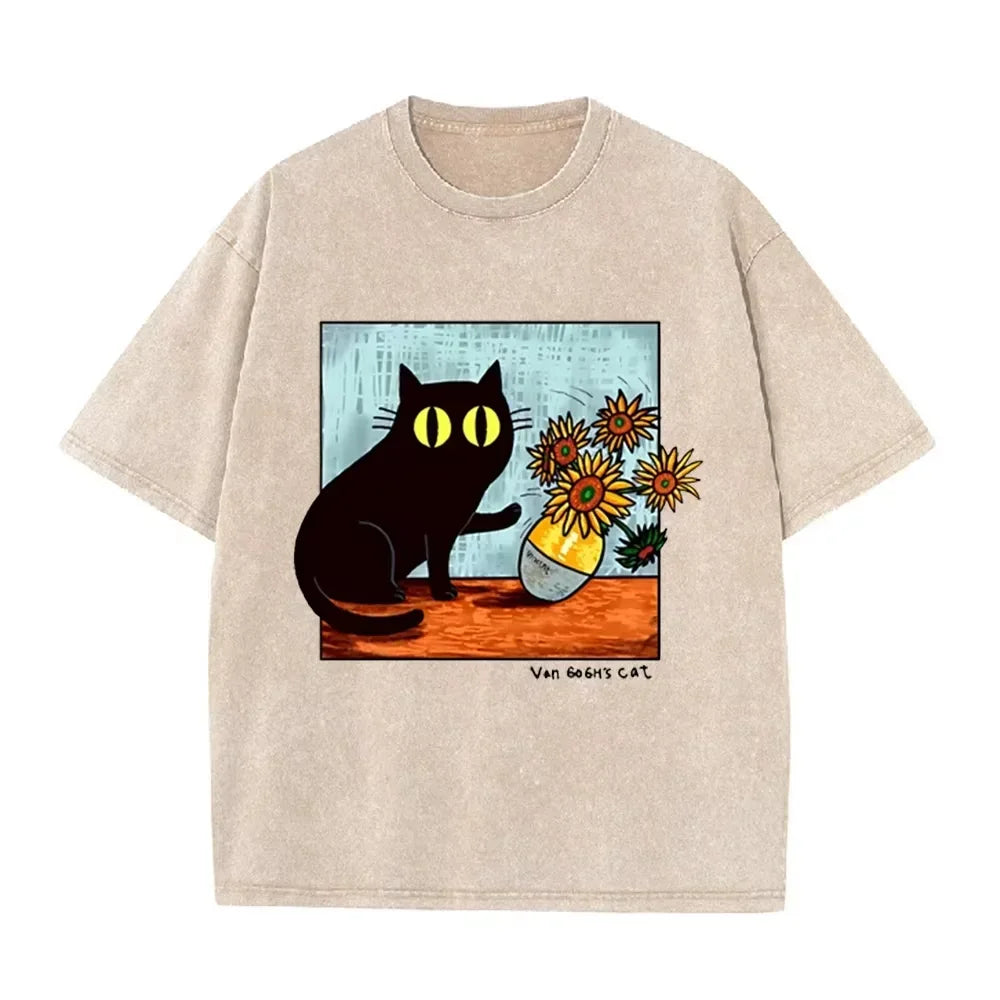 Funny Art Cat Van Gogh's Cat Print Vintage Washed Blue Casual Graphic T Shirt