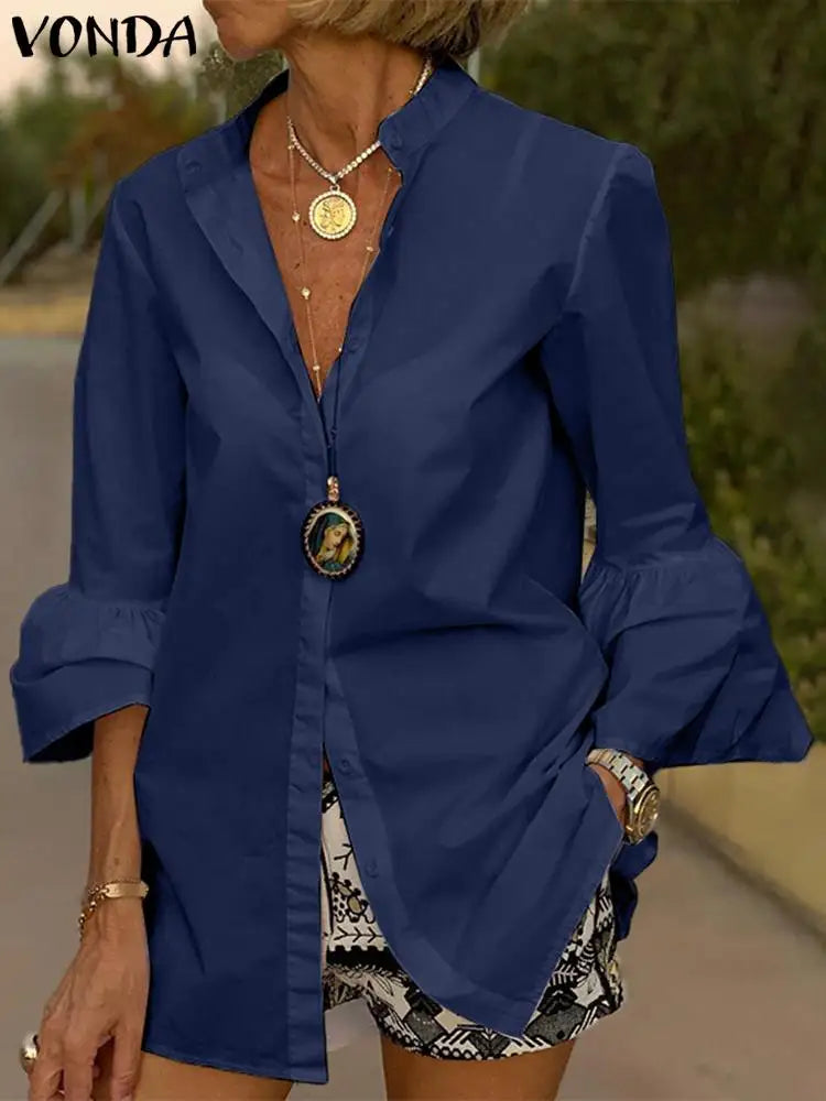 Women's Split Neck Blouse with Flared Three Quarter Sleeves