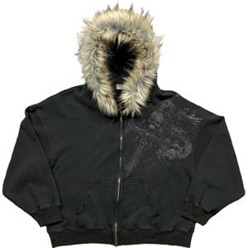 Fluffy Trim Long Sleeve Full Zip Casual Hoodie