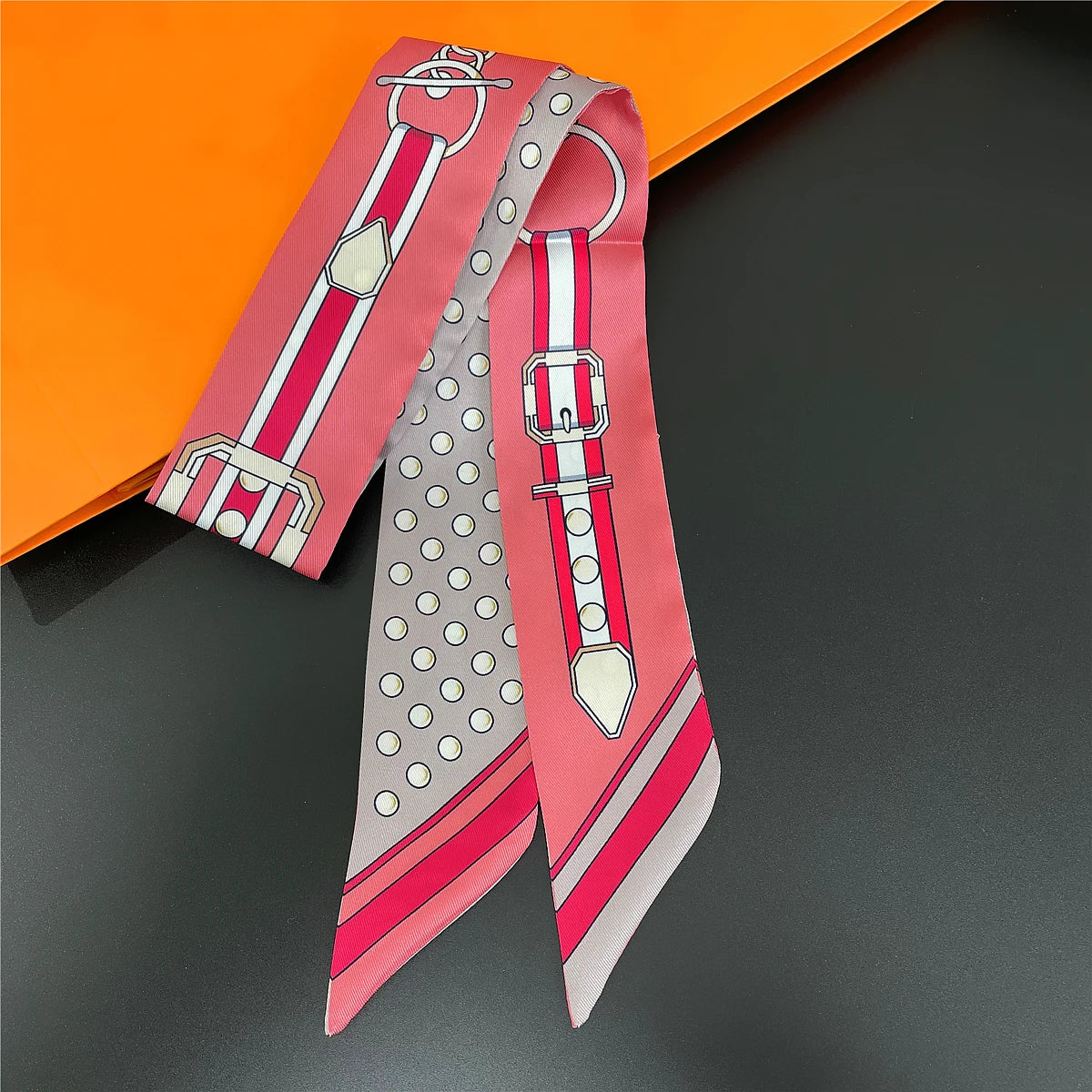 Colorful Printed Skinny Ribbon Scarf with Tie Ends