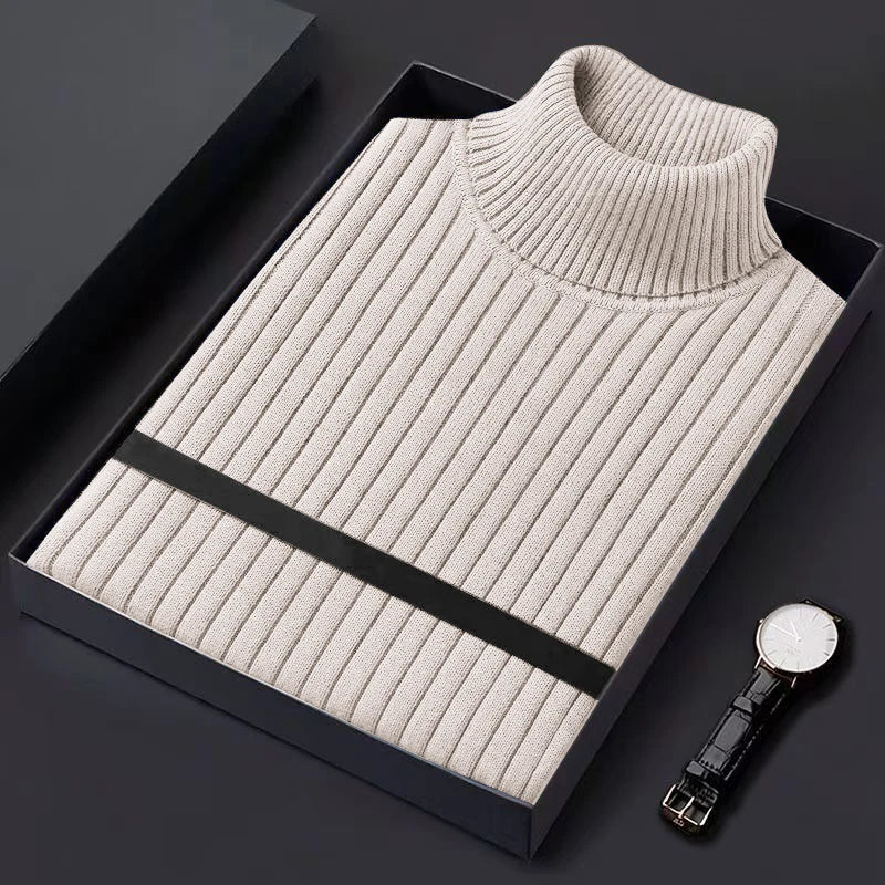 Men's Ribbed Turtleneck Sweater with Contrast Stripe