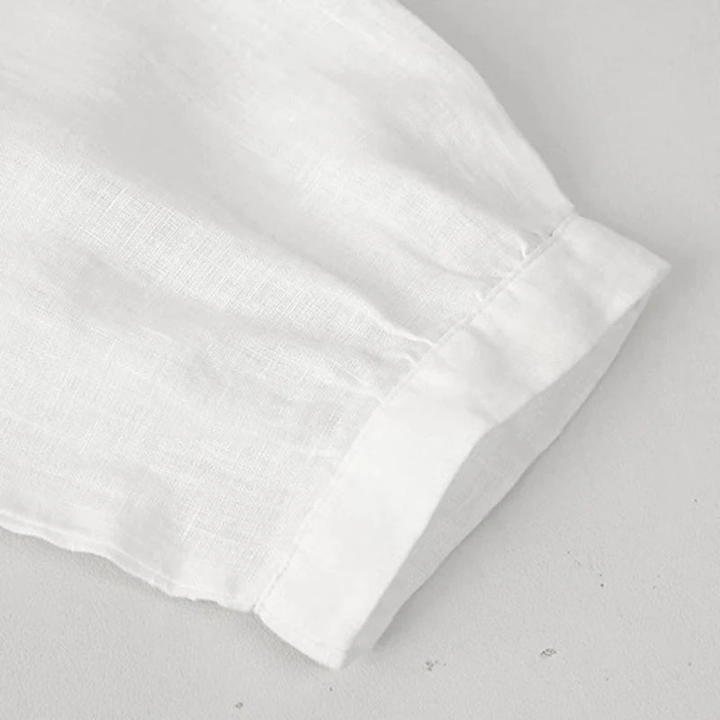 Women's Linen V-Neck Button-Up Shirt with Three-Quarter Sleeves for Casual Everyday Outfits
