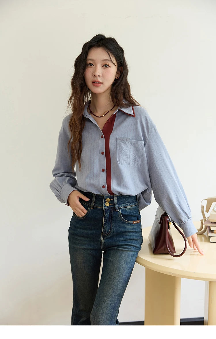 Women's Striped Shirt with Contrast Collar and Buttons