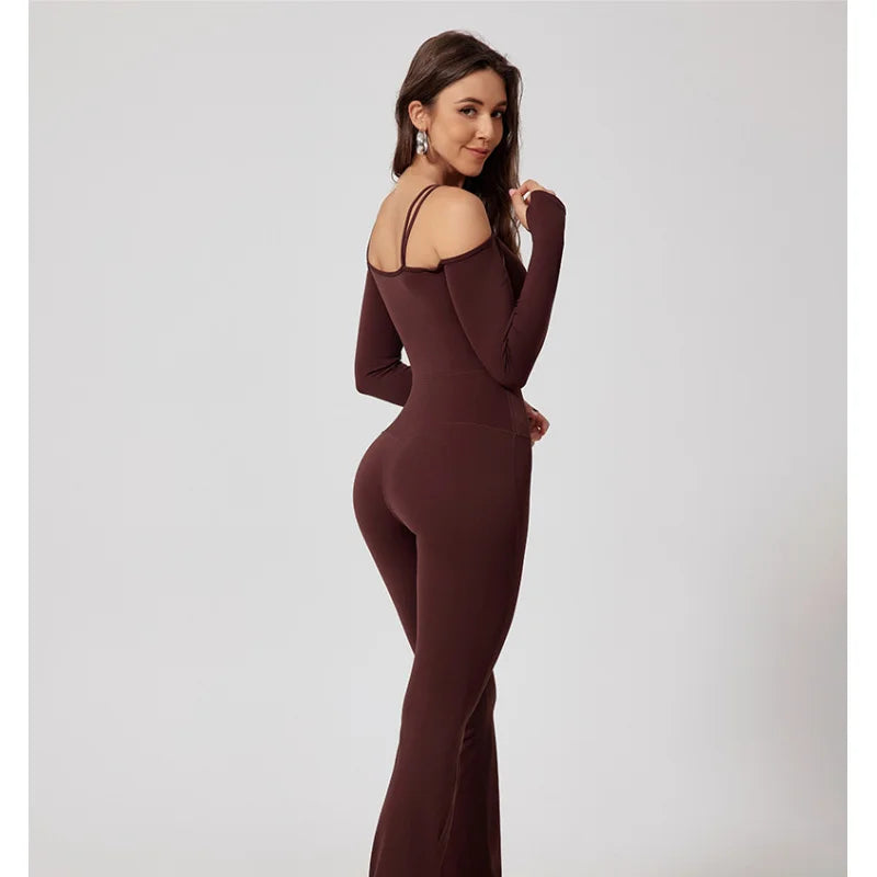Women's Cold Shoulder Nylon Blend Workout Jumpsuit with Long Sleeves and Flared Legs