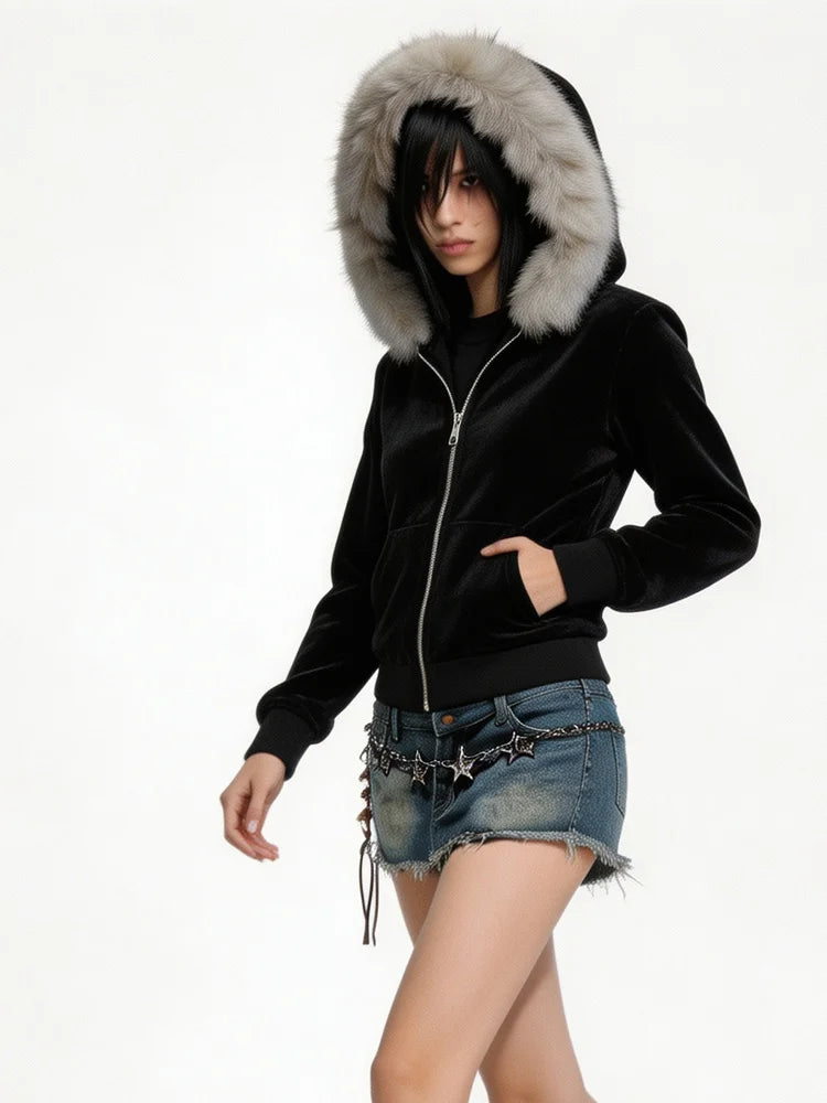 Fluffy Trim Long Sleeve Full Zip Casual Hoodie