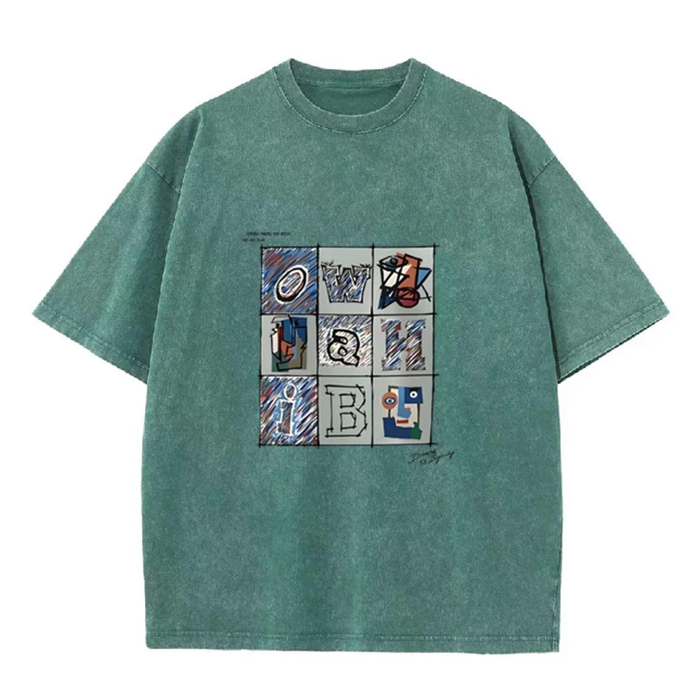 Retro Abstract Alphabet Art T Shirt Picasso Inspired Print Washed Casual Streetwear