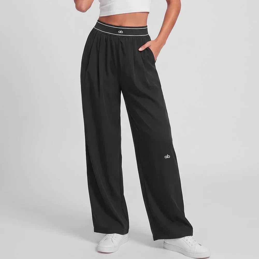Women's Drawstring Waist Polyester Blend Wide Leg Pants for Casual Workouts