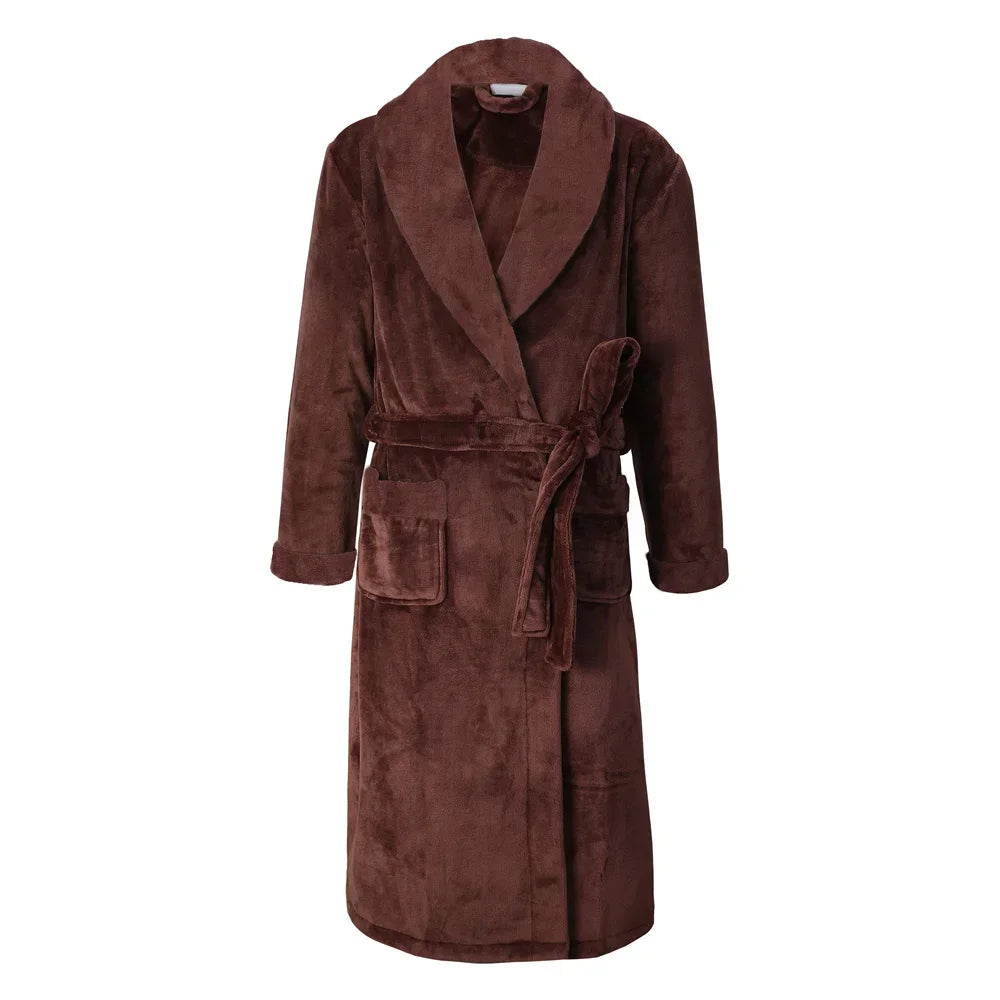 Men's Flannel Fleece Lapel Collar Tie Waist Bathrobe