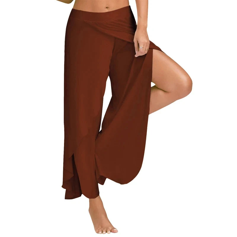 Women's Side Split Polyester Rayon Palazzo Pants with Flowing Wide Legs