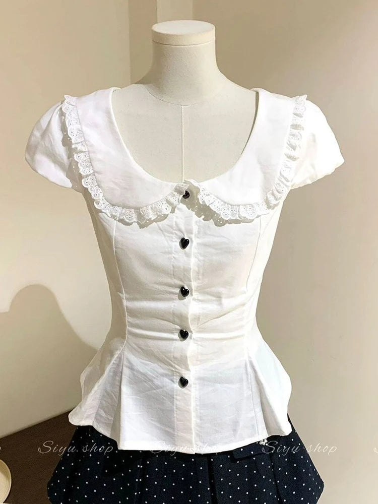 Women's Lace Detail Peter Pan Collar Button Front Shirt