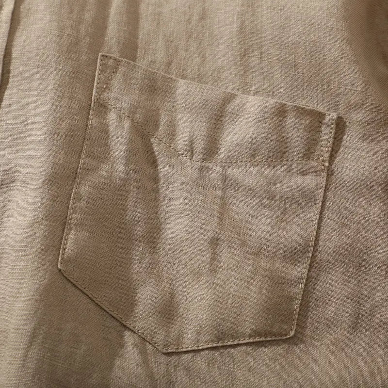 Men's Linen Long-Sleeve Collared Button-Up Shirt with Chest Pocket for Casual Outfits