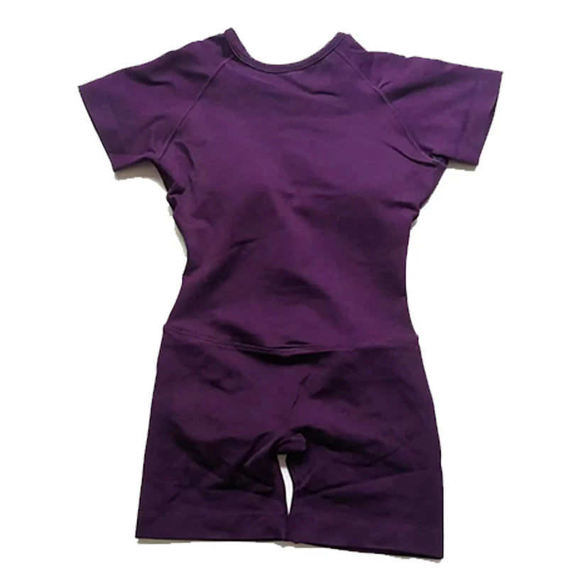 Women's Short Sleeve Nylon Workout Romper with Open Back and Fitted Shorts