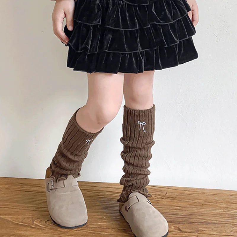Children's Ribbed Leg Warmers with Embroidered Bow and Ruffled Cuffs