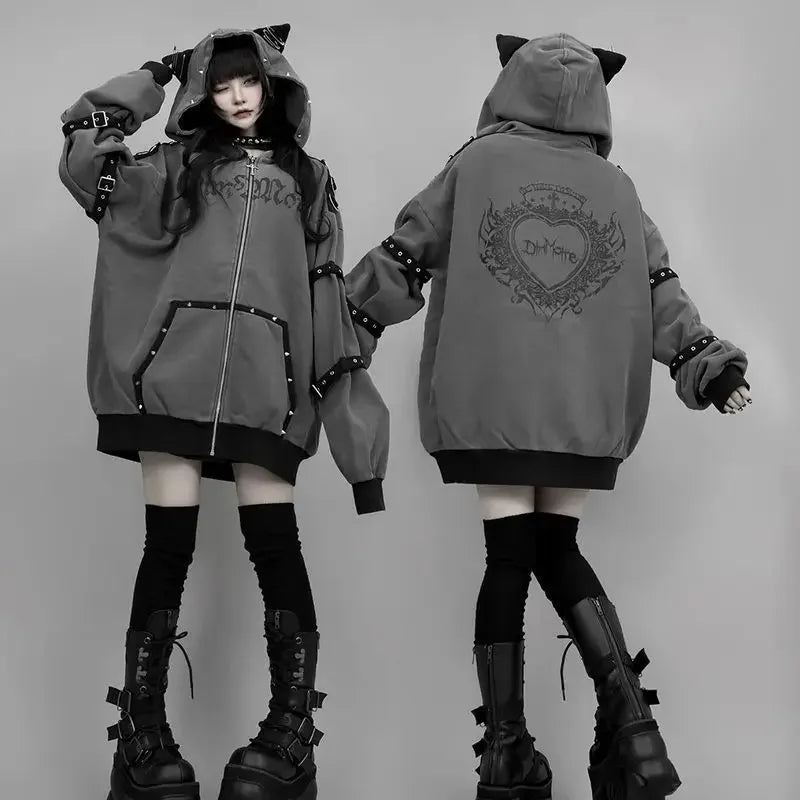 Gothic Graphic Long Sleeve Full Zip Casual Hoodie