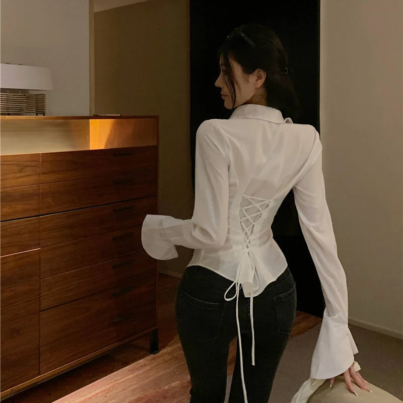 Women's Fitted Flared Cuff Shirt with Lace Up Back