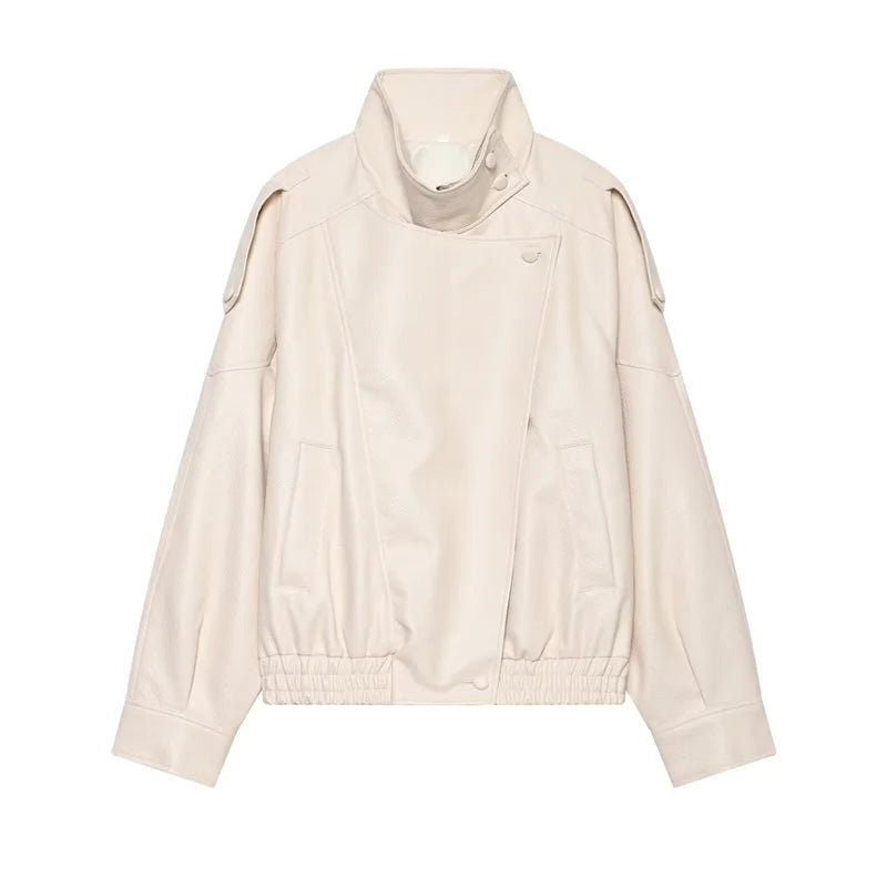 Women's Stand Collar Faux Leather Jacket for Layered Outfits