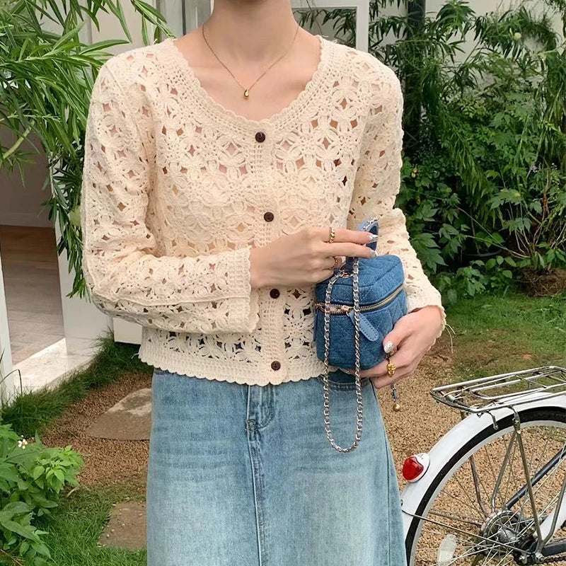 Women's Open Knit Cropped Button Front Cardigan Casual Knit Layer